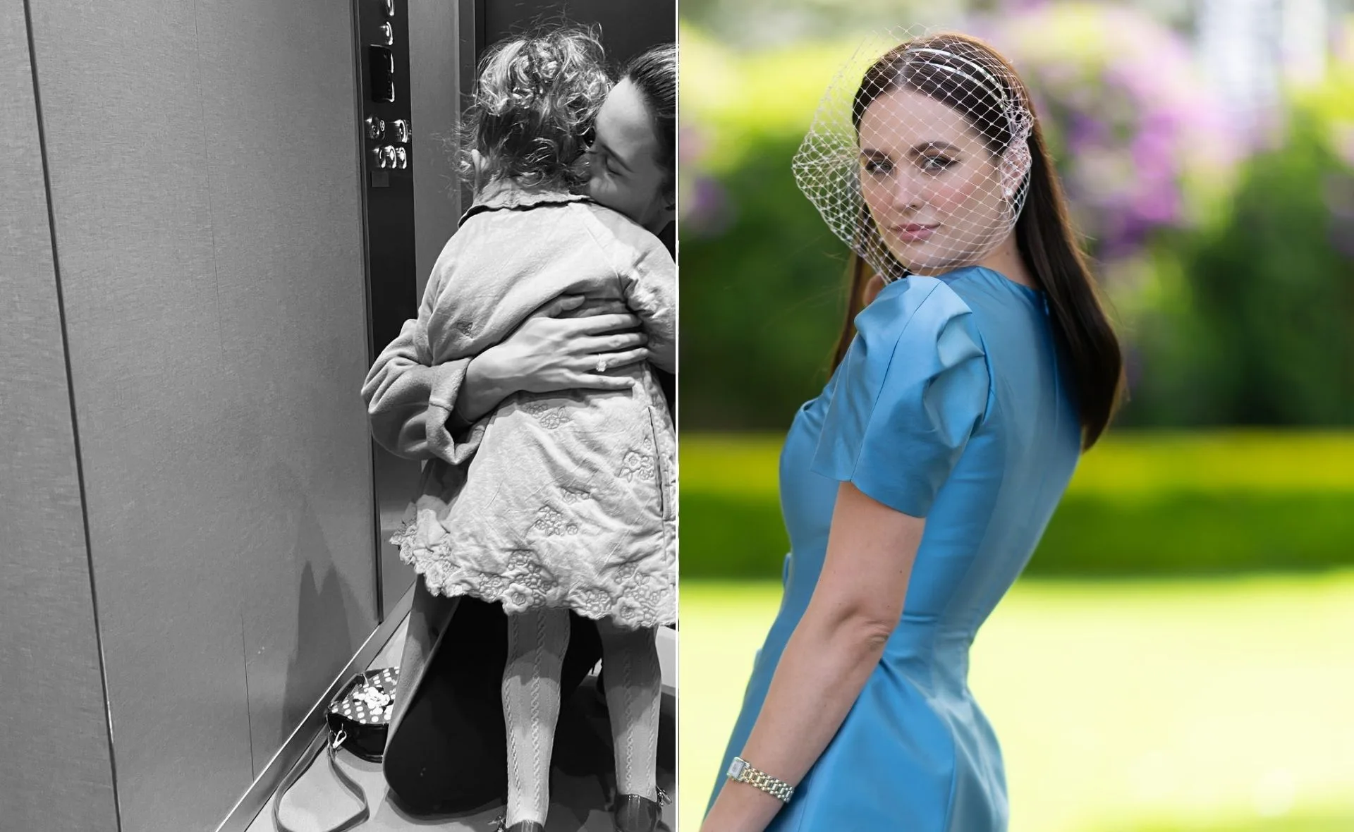A woman hugs a child in black-and-white; she poses in blue outdoors with a netted headpiece.
