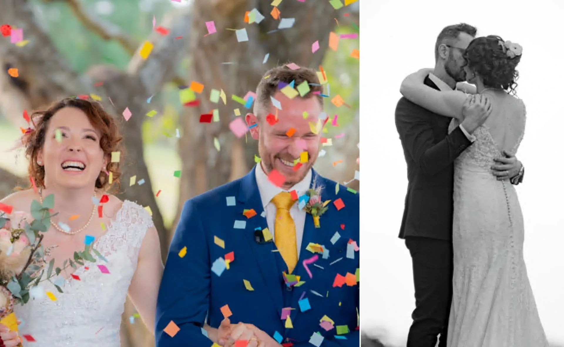 Wedding couple rejoices with colorful confetti; bride and groom embrace in black and white.