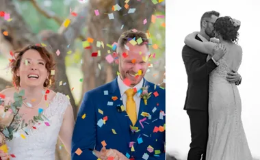 Wedding couple rejoices with colorful confetti; bride and groom embrace in black and white.