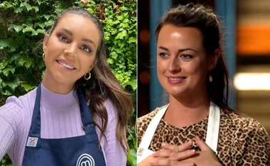 Two women from MasterChef 2022, one in a purple top and apron, the other in a leopard-print top with an apron, smiling.