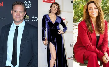 Three individuals are pictured: a man in a suit, a woman in a blue dress, and a woman in a red suit, all smiling.