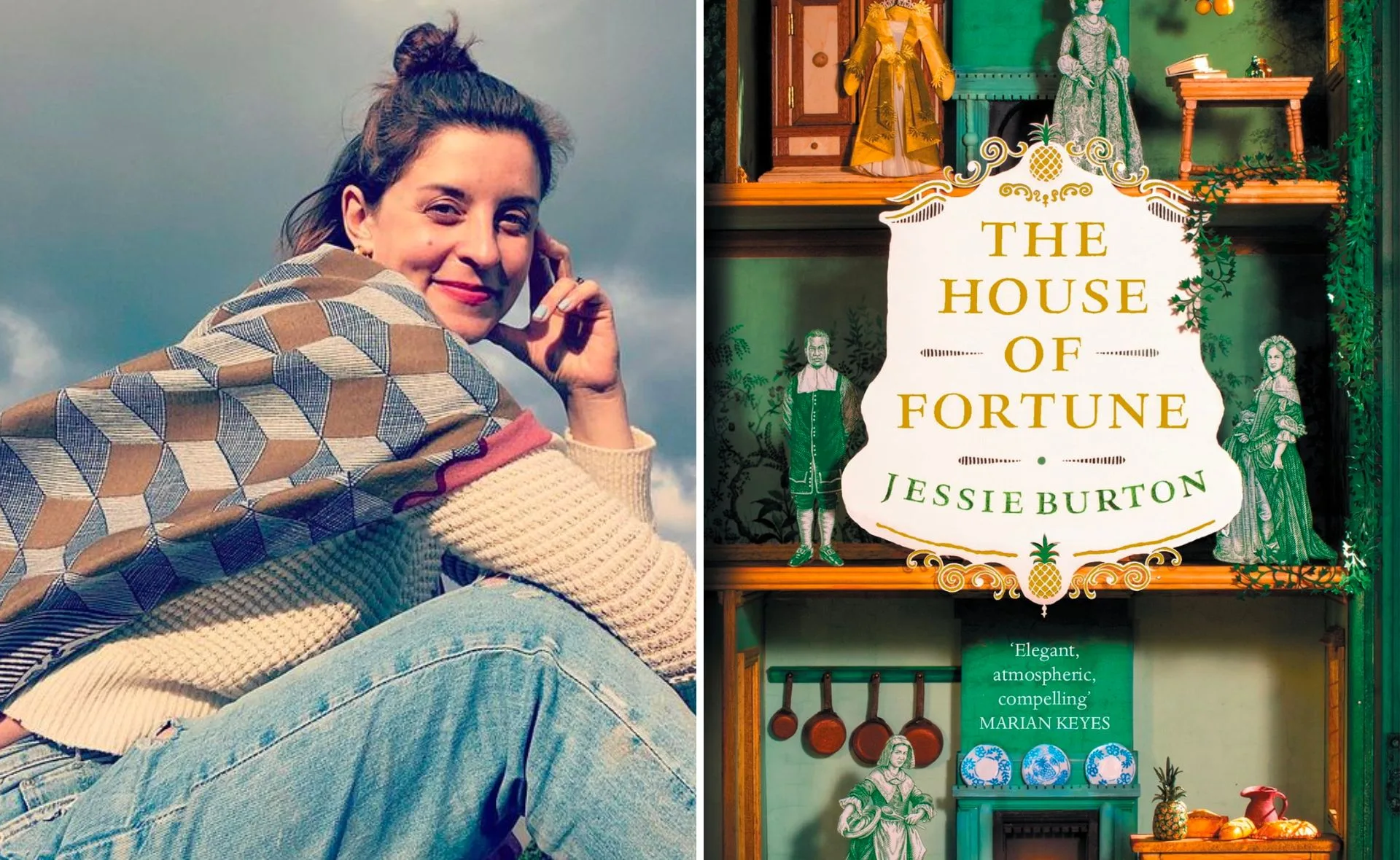 Author Jessie Burton smiling next to the cover of her book "The House of Fortune".