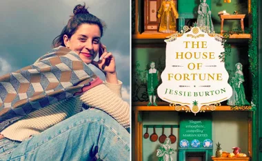 Author Jessie Burton smiling next to the cover of her book "The House of Fortune".