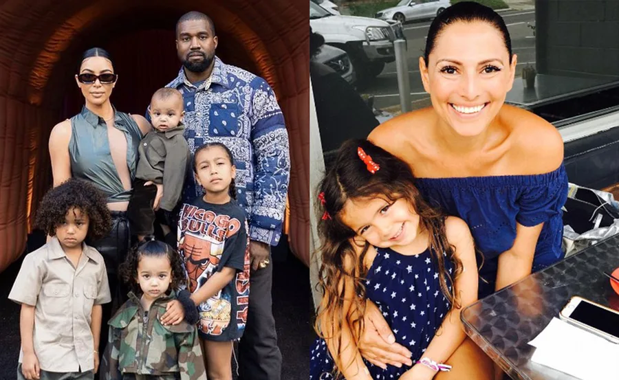 A family of six posing together and a woman with a young girl sitting at a table, both smiling.