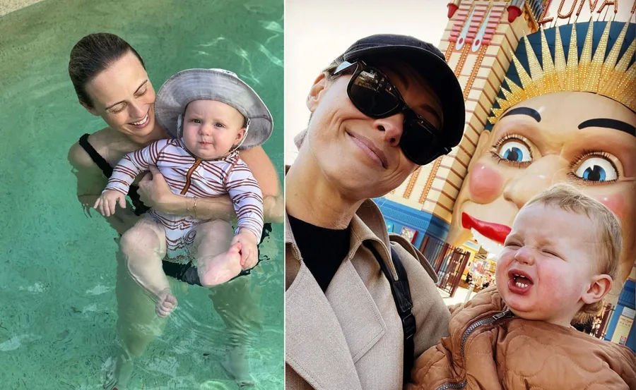 A woman holds a baby in a pool; another photo shows them outside a colorful amusement park entrance with a giant face.