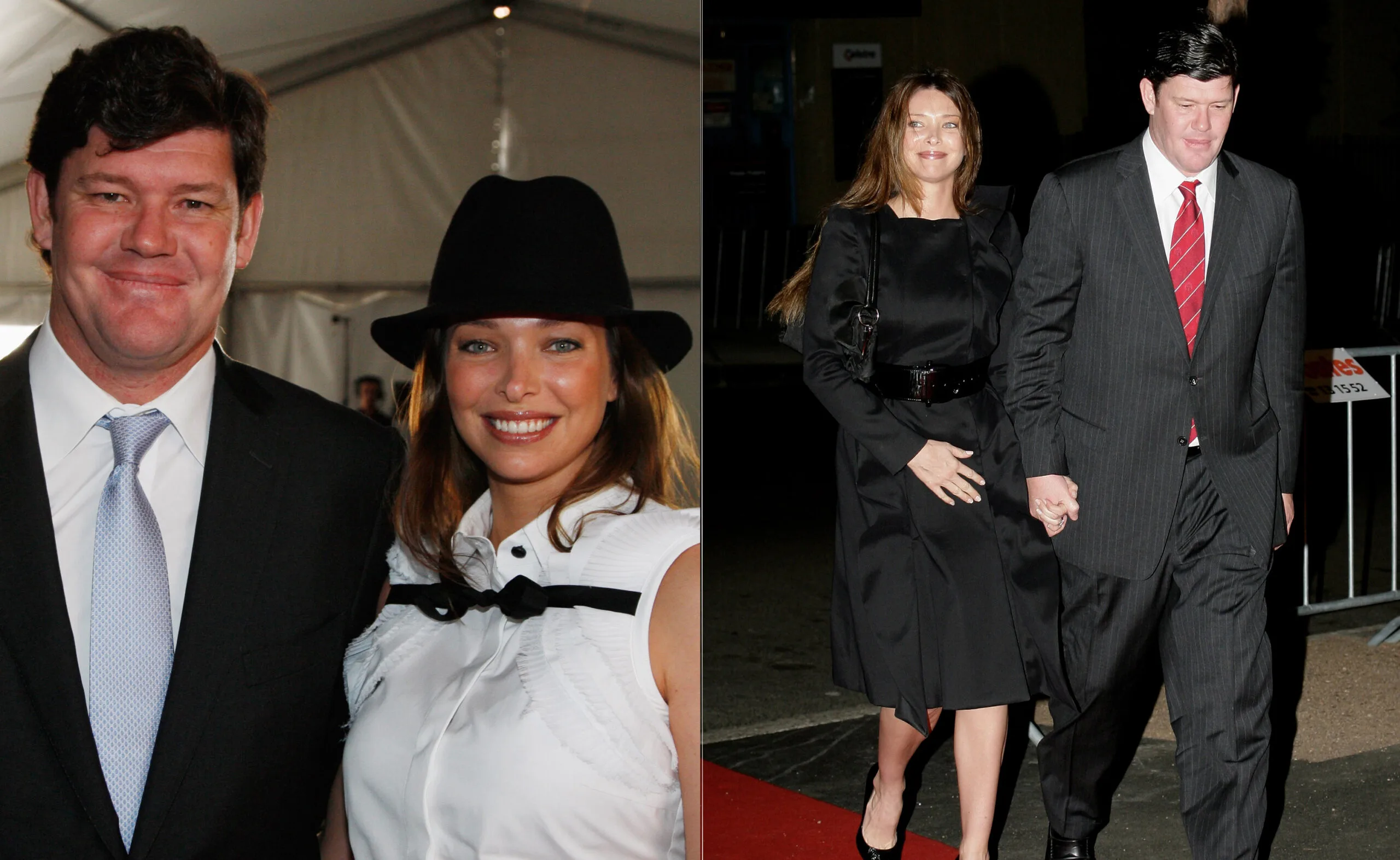A couple attending an event; on left, man in suit and woman in hat; on right, they hold hands, both in formal attire.