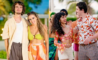 Two couples from a TV show posing outdoors, smiling, dressed in summery outfits.