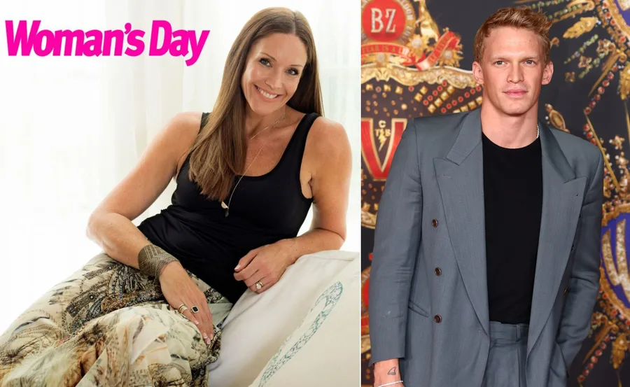 A woman smiles, reclining indoors in a magazine setting; a man in a grey suit poses against a decorative backdrop.