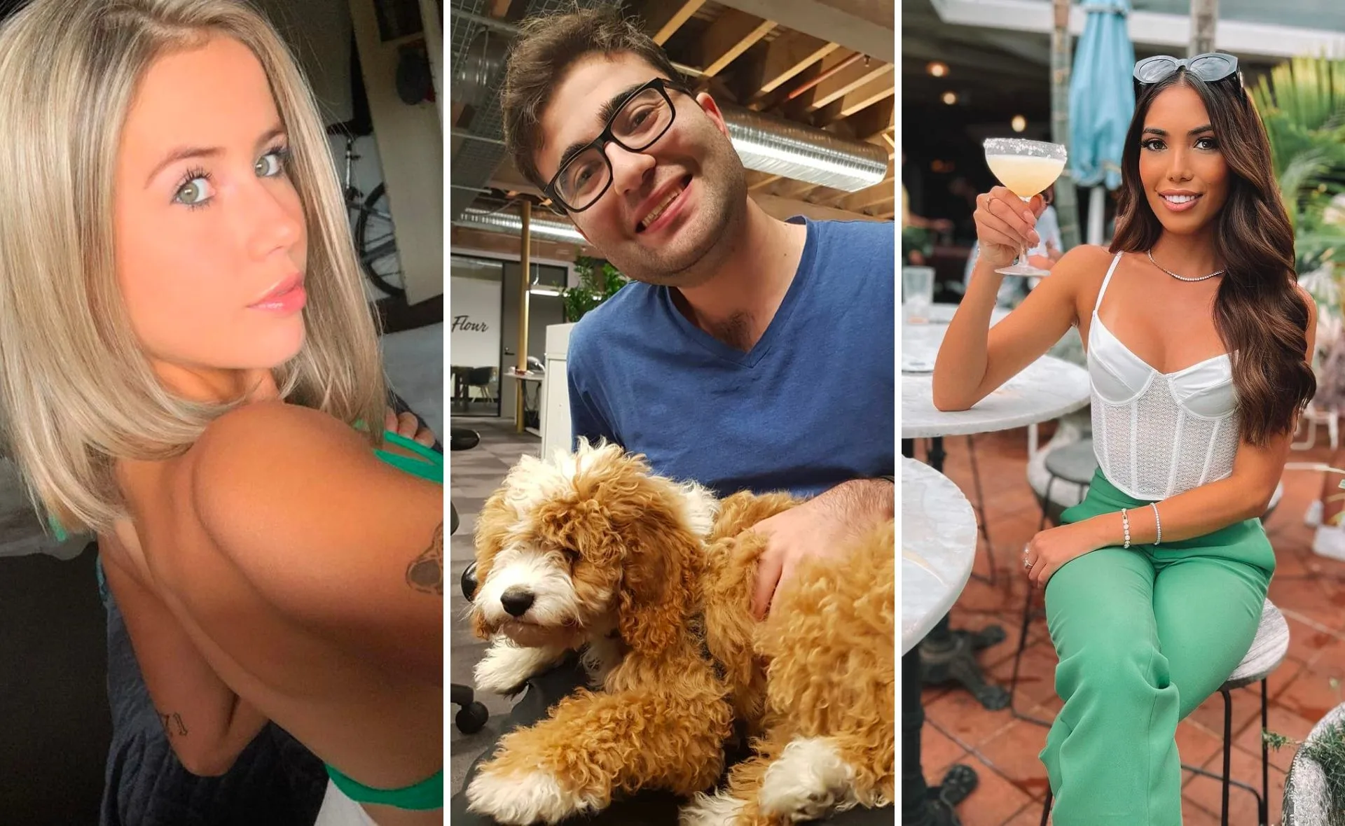 Three portraits: a woman in a green top, someone with glasses holding a dog, and another woman with a cocktail.