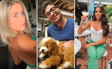 Three portraits: a woman in a green top, someone with glasses holding a dog, and another woman with a cocktail.