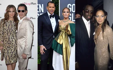Three side-by-side photos featuring Jennifer Lopez with different partners at various events.