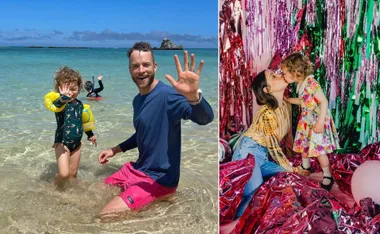 Father and child playing in the sea; mother and daughter in colorful party setting with tinsel and balloons.