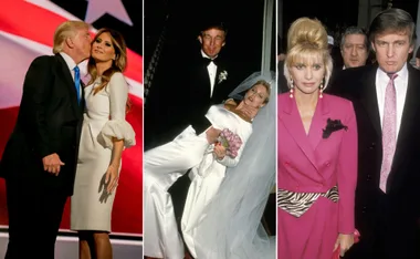 Three images of Donald Trump with different wives at various events, including wedding and gala moments.