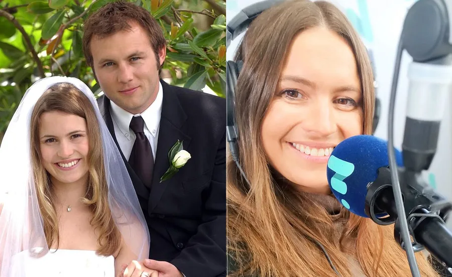 Woman in wedding attire next to man in suit; same woman smiling with microphone.