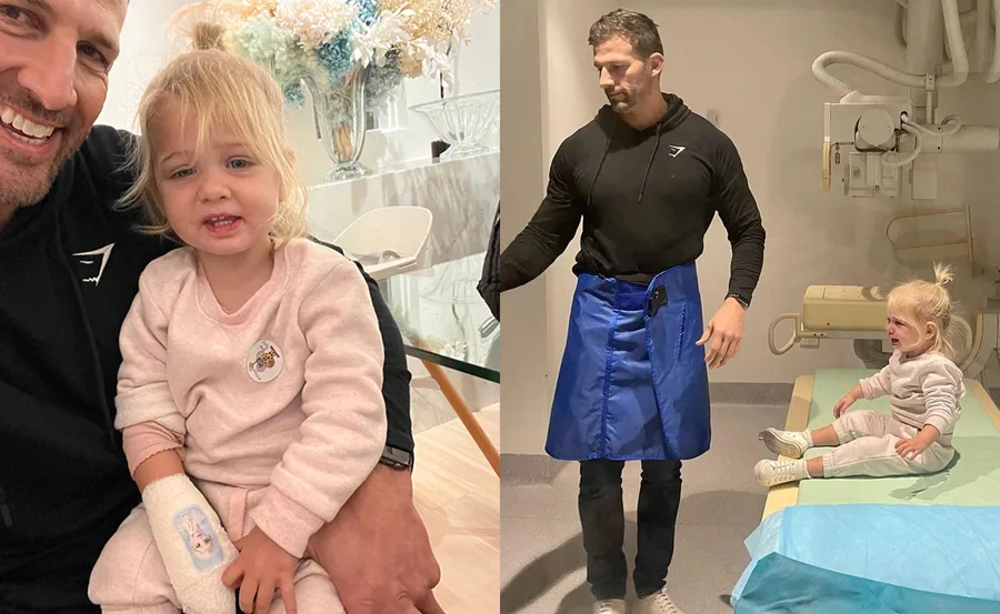 Father comforting injured daughter; then standing by her at medical facility.