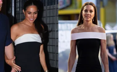 Two women in off-shoulder black and white outfits; one in a night setting, the other at a public event.