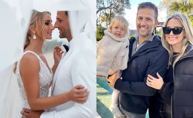 Bride and groom embrace under veil; smiling family with child outdoors.