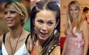 Three images of a woman with different hairstyles: short blonde, medium brown, and long blonde.
