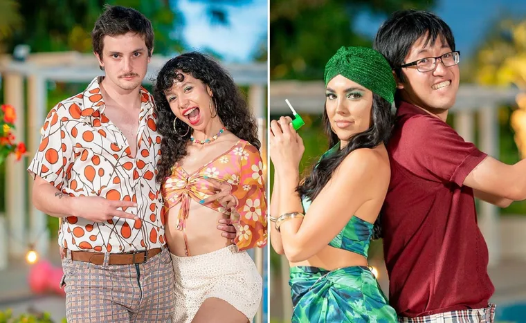 People in colorful outfits posing for a fun and glamorous photo outdoors.