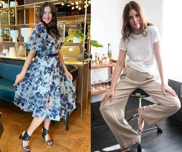 Two women posing fashionably; the left wears a floral dress, the right in a white shirt and beige pants.