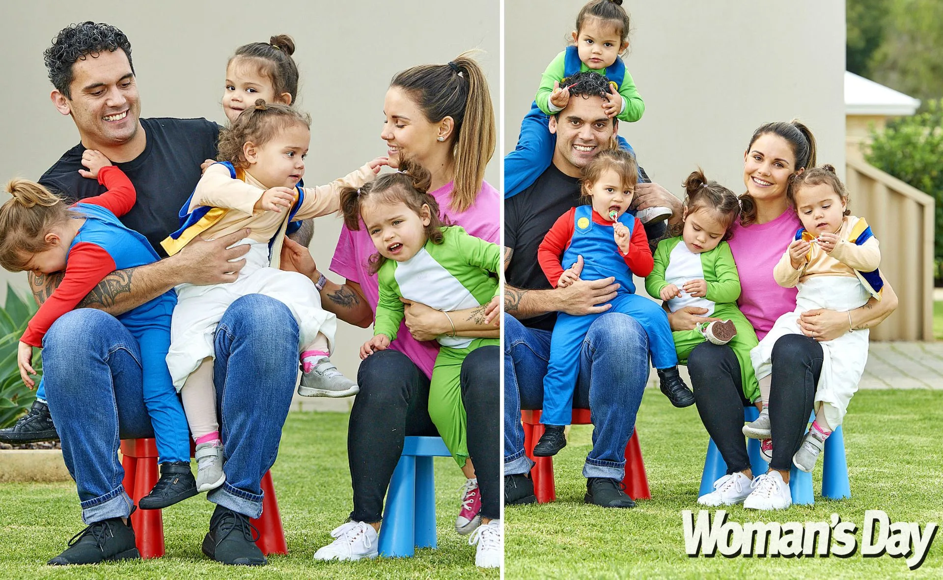 Family with four toddlers in colorful outfits smiling and playing outside on the grass, celebrating a birthday.