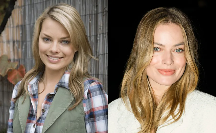Two side-by-side images of a woman with blonde hair. The left shows her in casual attire, the right in formal wear.