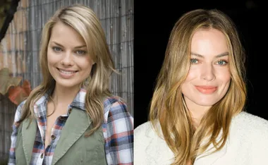 Two side-by-side images of a woman with blonde hair. The left shows her in casual attire, the right in formal wear.