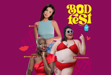 Women posing confidently in stylish outfits with "Bodfest" logo. Celebrating self-love and body positivity.