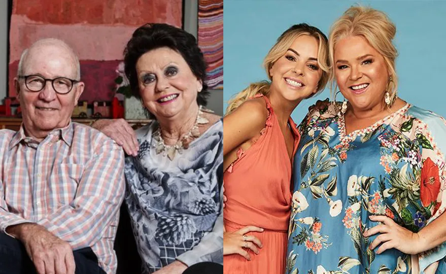 Four people smiling: two older adults sitting together and two younger adults standing arm in arm on a blue background.