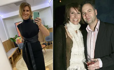 "Two images: Left, a woman in a black dress taking a mirror selfie; right, a smiling couple at an event."