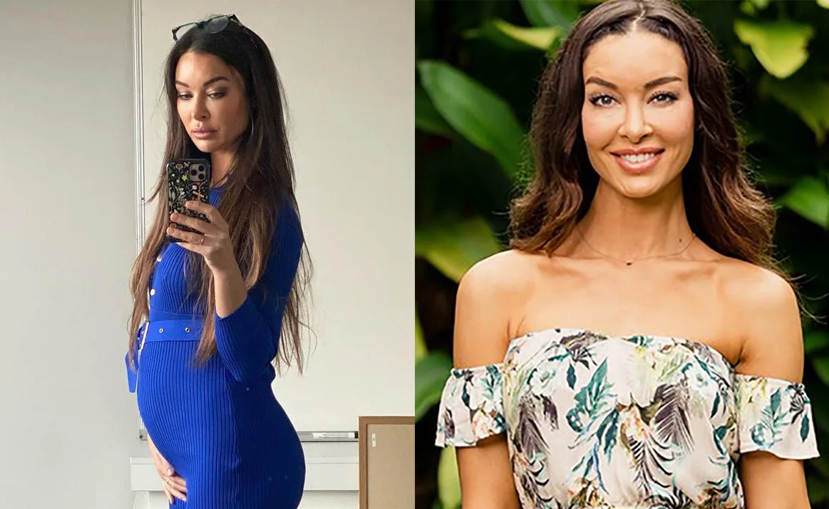Pregnant woman in blue dress taking mirror selfie beside smiling woman in floral dress with green background.
