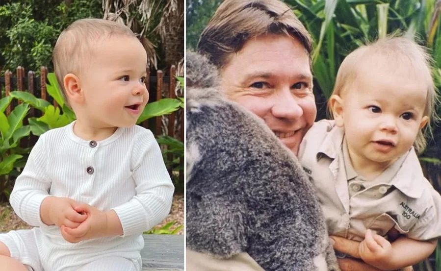 A baby in white sits outdoors beside an archival photo of a man with a koala and a child wearing Australia Zoo attire.