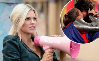 Blonde woman holding pink megaphone labeled "DIRECTOR"; inset shows two people in costume kissing.