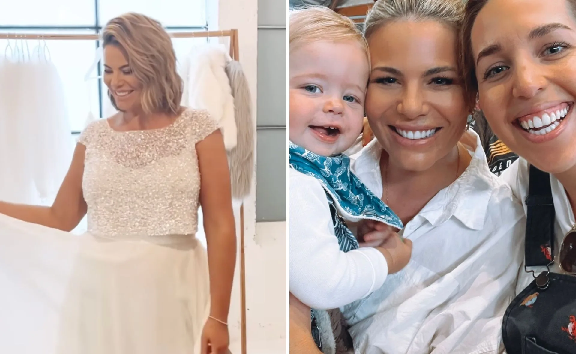 A woman tries on a sparkly dress; another image shows her smiling with a baby and another person.