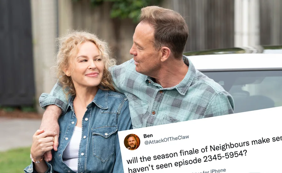 Couple embraces lovingly in front of a car, with a humorous tweet about "Neighbours" finale overlaid.