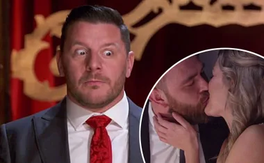 Man in a suit with a surprised expression; inset of a couple kissing.