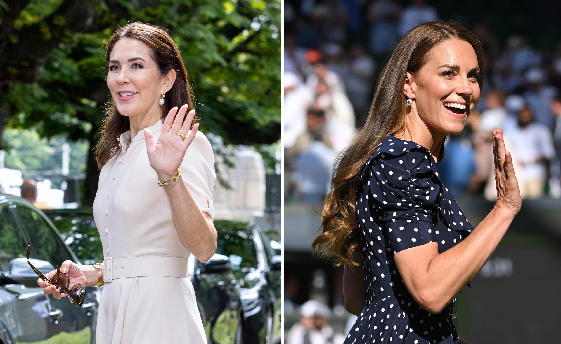 Two women waving, outdoors, one in a white dress and the other in a polka-dot dress.