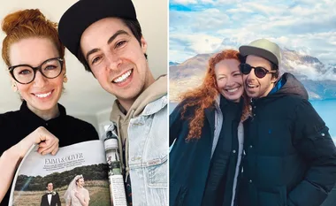 Couple smiling; first image holding magazine, second with mountain view.
