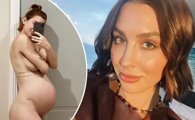 Pregnant woman poses in mirror, holding phone, with close-up of her smiling face in a separate image.