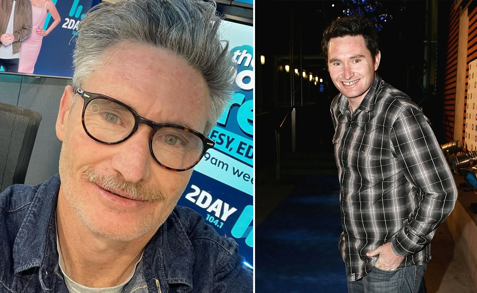Two images of a man: a selfie with glasses and gray hair, and another in a plaid shirt, smiling on a carpeted event.