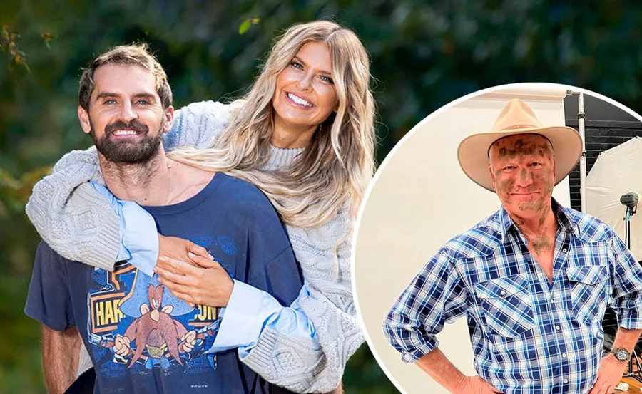 A smiling couple poses outdoors; inset shows a man in a plaid shirt and cowboy hat with dirt on face.