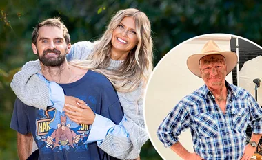 A smiling couple poses outdoors; inset shows a man in a plaid shirt and cowboy hat with dirt on face.