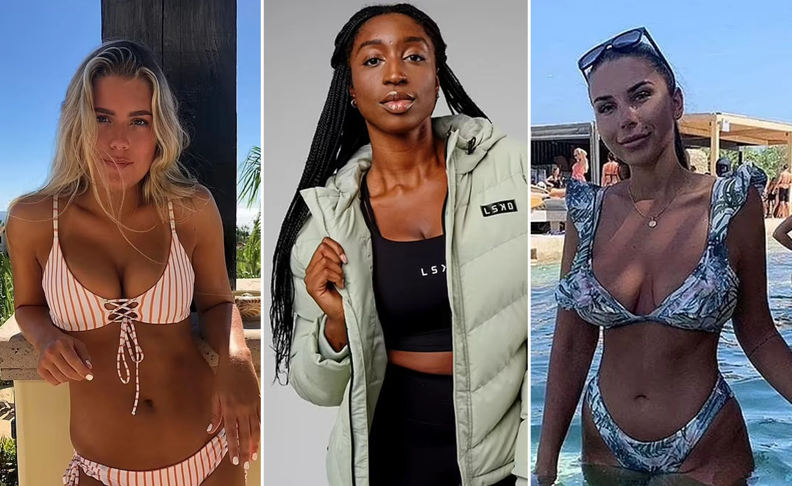 Three women, one in a striped bikini, one in a jacket, and one in a floral bikini, in different settings.