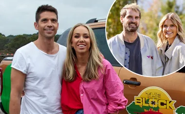 Couple posing in front of a car with "The Block" logo; inset shows another casual couple smiling outdoors.