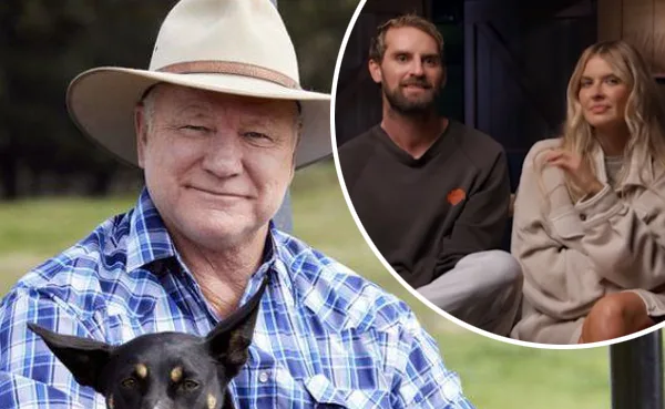 Man in a blue plaid shirt with a hat holding a dog; inset shows a couple sitting indoors, talking.