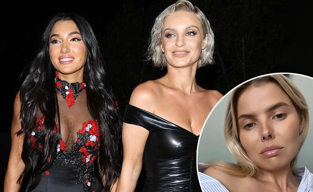 Two women in elegant dresses are walking at night. An inset shows a close-up of another woman's face with a neutral expression.