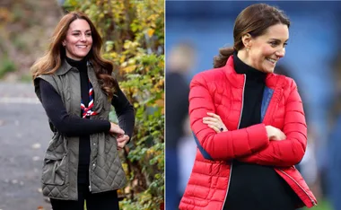 Woman outdoors in green puffer vest, smiling. Another image shows her in a red jacket, both in casual settings.