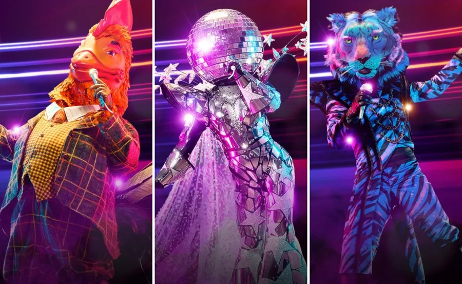 Masked Singer Australia 2022 costumes: Rooster, Mirrorball, Blue Tiger, colorful and vibrant under stage lights.