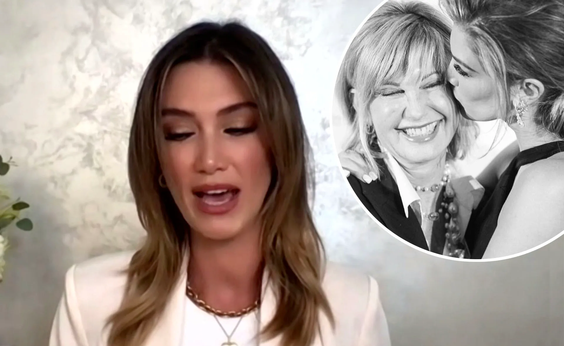 Delta Goodrem speaks, inset shows her kissing Olivia Newton-John in a black-and-white photo.