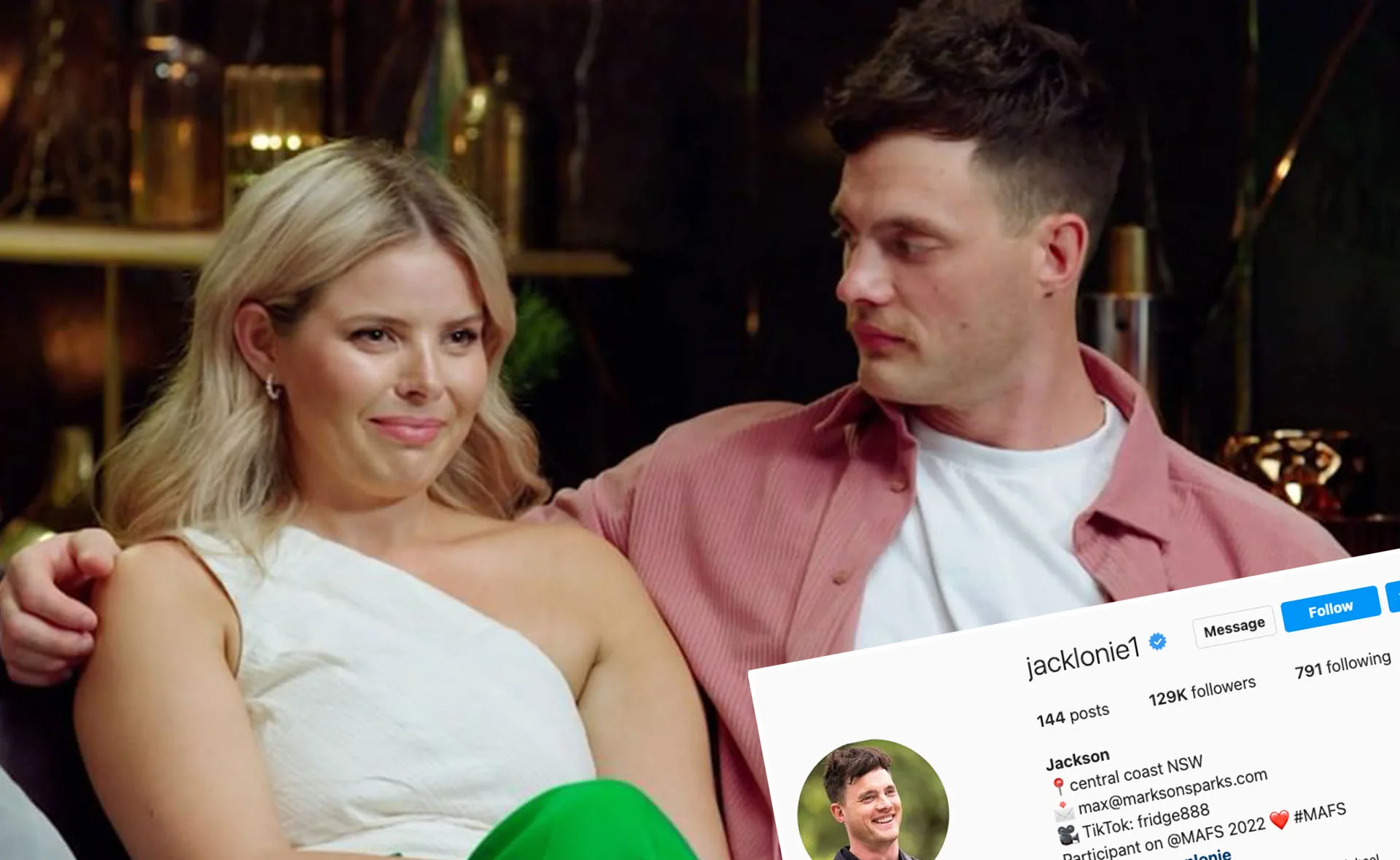 Couple sitting together with a social media profile overlay, showing username 'jacklonie1' and 129K followers.